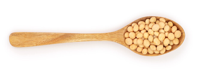soybeans in wooden spoon isolated on white background top view