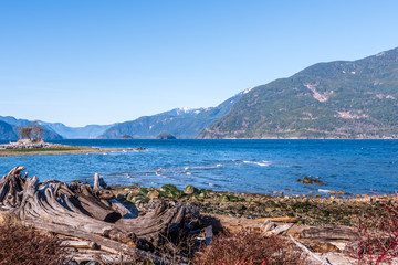 Fototapeta na wymiar View over Burrard Inlet, ocean and island mountains in beautiful British Columbia. Canada.