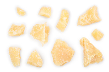 Parmesan cheese pieces isolated on white background. Closeup. Top view. Flat lay
