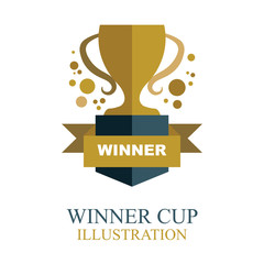 Winner cup. Golden winner cup illustration with ribbon. Trophy cup flat icon.