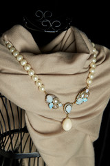 Pearl necklace hanging on the cloth