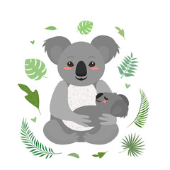 Obraz premium Funny koala keeps her baby. greeting card for the holiday mother's day. flat vector illustration isolated