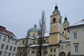 Fototapeta na wymiar Church in Ljubljana in Winter, Slovenia