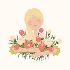 Portrait of the young white girl with big bouquet of flowers