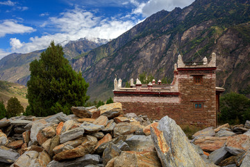 Danba County, Sichuan Province China. Zhonglu Township, Architectural Style of Jiuaju Ancient Tibetan Village. Traditional Tibetan buildings, Suopo towers, beautiful Chinese countryside. Wild West