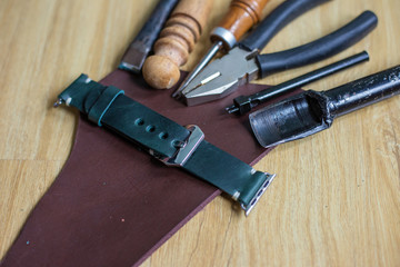 Leather watch strap handmade craftsmanship working