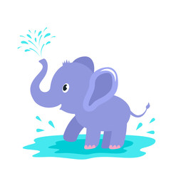 A funny elephant character plays in a puddle and makes a fountain with his trunk. Children's print. flat vector illustration