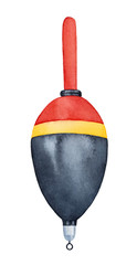 Obraz premium Fishing float (bobber), angling equipment item. One single object, side view, egg shaped, striped, multicolored. Handdrawn watercolour painting on white background, cutout clip art element for design.