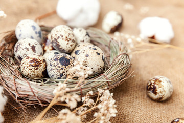 Obraz premium Easter decoration with egg in nest and cotton on brown rustic linen canvas background. Easter concept. Flat lay top view copy space. Spring greeting card