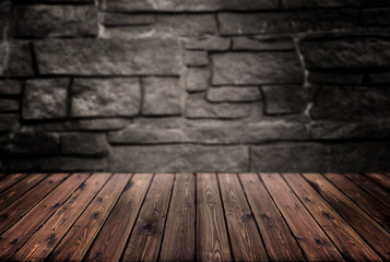 wooden table on blurred background / photo imitation design element