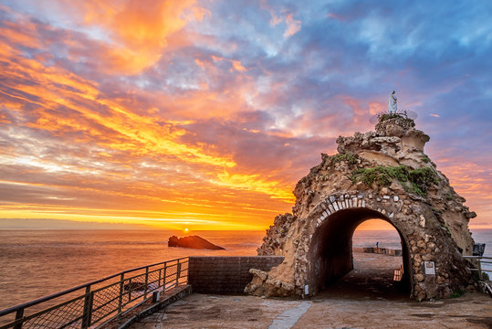 Biarritz, France, Rock of the Virgin on dramatical sunset