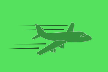 Airplane flying with speed and straight path vector illustration on green background