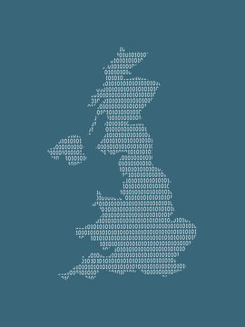United Kingdom or UK vector map using white binary digits on dark background to mean digital country and the advancement of technology illustration