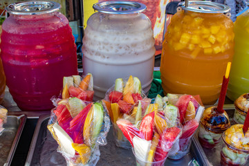 Traditional Mexican Fruit Bowls and Juices Sold at a Food Stall at the San Diego County Fair, California, USA