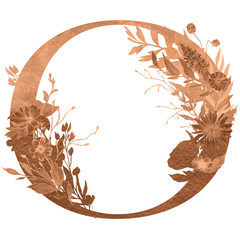 Copper glitter watercolor letter of the alphabet with flowers and leaves on the white isolated...