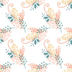 Vector floral pattern in pastel colors. Hand drawn groups of branches, berries and leaves on white background, seamless illustration.