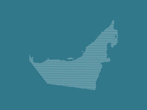 Unite Arab Emirates or UAE vector map using white binary digits on dark background to mean digital country and the advancement of technology illustration