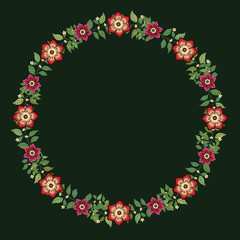 Floral greeting card and invitation template for wedding or birthday anniversary, Vector circle shape of text box label and frame, Pink flowers wreath ivy style with branch and leaves.