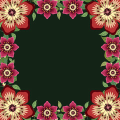 Floral greeting card and invitation template for wedding or birthday anniversary, Vector square shape of text box label and frame, Pink flowers wreath ivy style with branch and leaves.