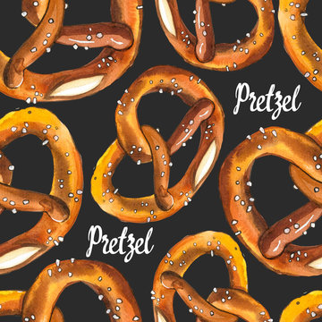 Seamless background with pretzel in watercolor style. Fresh organic products. Illustration hand-drawn pattern on black. Oktoberfest food. Traditional beer snack. Pub menu.