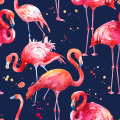 Watercolor seamless pattern on dark blue background. Illustration with pink flamingo. Tropical bird. Paradise.