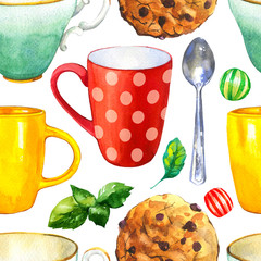 Seamless background. Tea party pattern on white. Watercolor illustration of funny cups. Decorative elements with traditional hot drinks for your packing design. Multicolor decor.