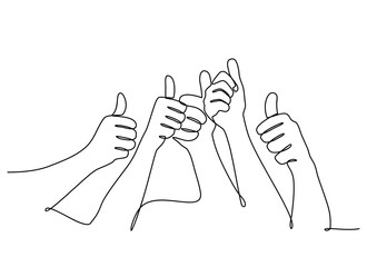 continuous line drawing. Many people congratulate a winner and holding their thumbs up isolated on white background