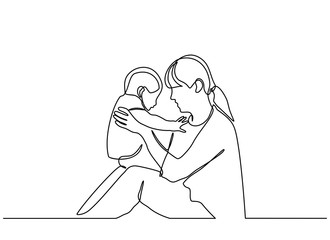 continuous line drawing of family, parenthood and people concept - happy Mother playing with little baby at home - vector
