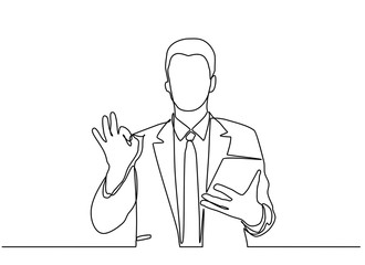 continuous line drawing of Young businessman standing isolated on a white background, working on a laptop computer, ok gesture. vector