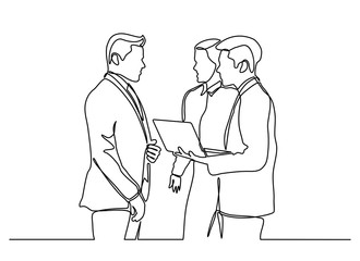 continuous line drawing of business partners discussing documents and ideas at meeting.Three businessman using notebook computer for analyse and improve their business.