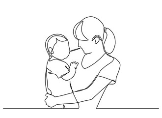 continuous line drawing of family, parenthood and people concept - happy Mother playing with little baby at home - vector
