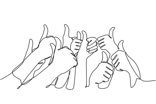 Continuous Line Drawing. Many People Congratulate A Winner And Holding Their Thumbs Up Isolated On White Background