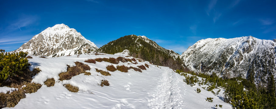Panoramic view of Storzic mountain, Baseljski vrh and Mali Grintavec, Slovenia