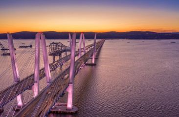 Aerial view of the New Tappan Zee Bridge, spanning Hudson River between Nyack and Tarrytown at dusk...