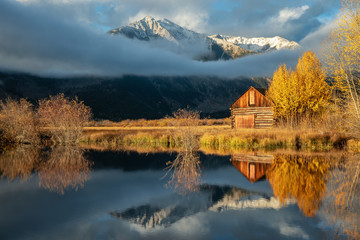Autumn Mountain Sunrise over Pond at Twin Lakes Inn - Colorado Aspen Trees and Rocky Mountains