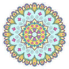 Decorative colorful ethnic mandala pattern. Design element for greeting card, banner or poster in oriental style. Hand drawn illustration