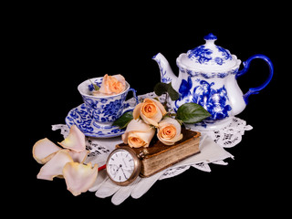 Blue and White Tea set with Peach Roses, Bible and Antique Pocket Watch