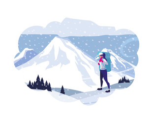 adventurous woman with travelbag in the snowscape