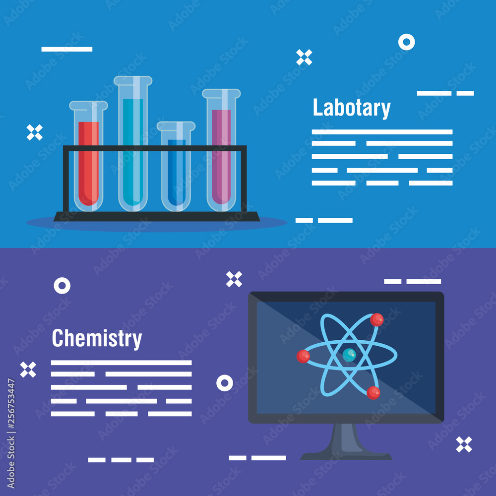 Wall mural set tubes analysis and computer with atom