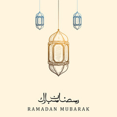 Arabic Calligraphy of ramadan mubarak (Generous Ramadan) with lantern hand drawn style