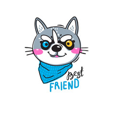 Portrait husky puppy best friend. Print for t-shirt design, covers, cards. Vector illustration in cartoon style
