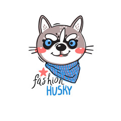 Portrait puppy in a bandana around his neck. Dog with the inscription fashion husky. Vector illustration in cartoon style