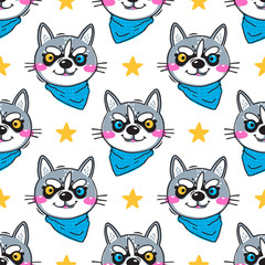 Portrait husky puppys. Dog in a bandana around his neck. Seamless pattern in cartoon style