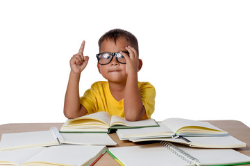 little girl with glasses thought and many book on the table. back to school concept, isolated on white background