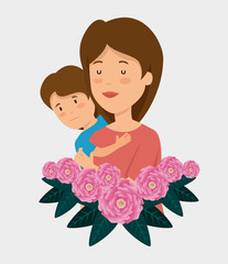 beauty woman with her son and roses with leaves