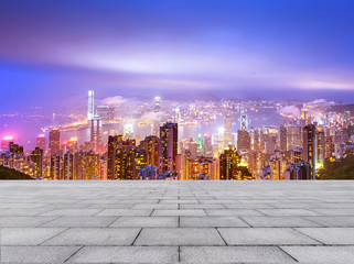 empty brick floor and cityscape of modern city near ,  hong kong