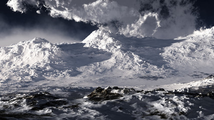 clouds in the sky with snow covered majestic mountains