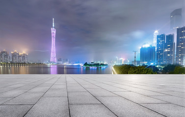 empty brick floor and cityscape of modern city near , guangzhou