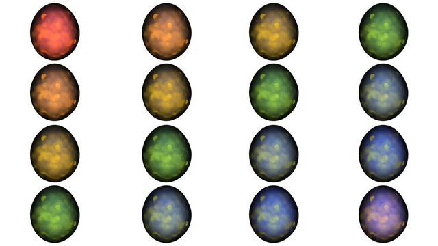 Multicolored shiny animated easter eggs on a white background. Easter background of rainbow colored eggs. A moving paschal backdrop.