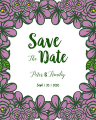 Vector illustration wedding date card with various design purple wreath frame
